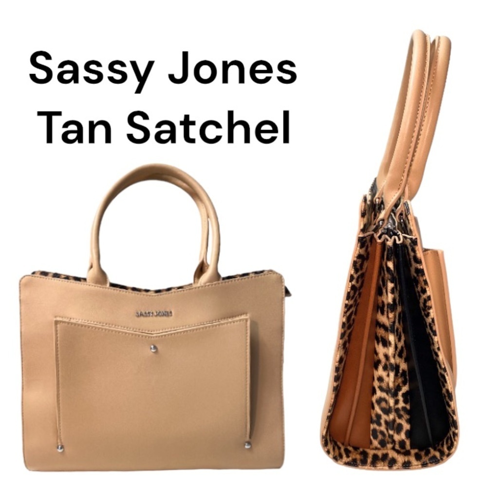 NWT Sassy Jones Tan With Animal Print Charell Accordion Pleated Satchel